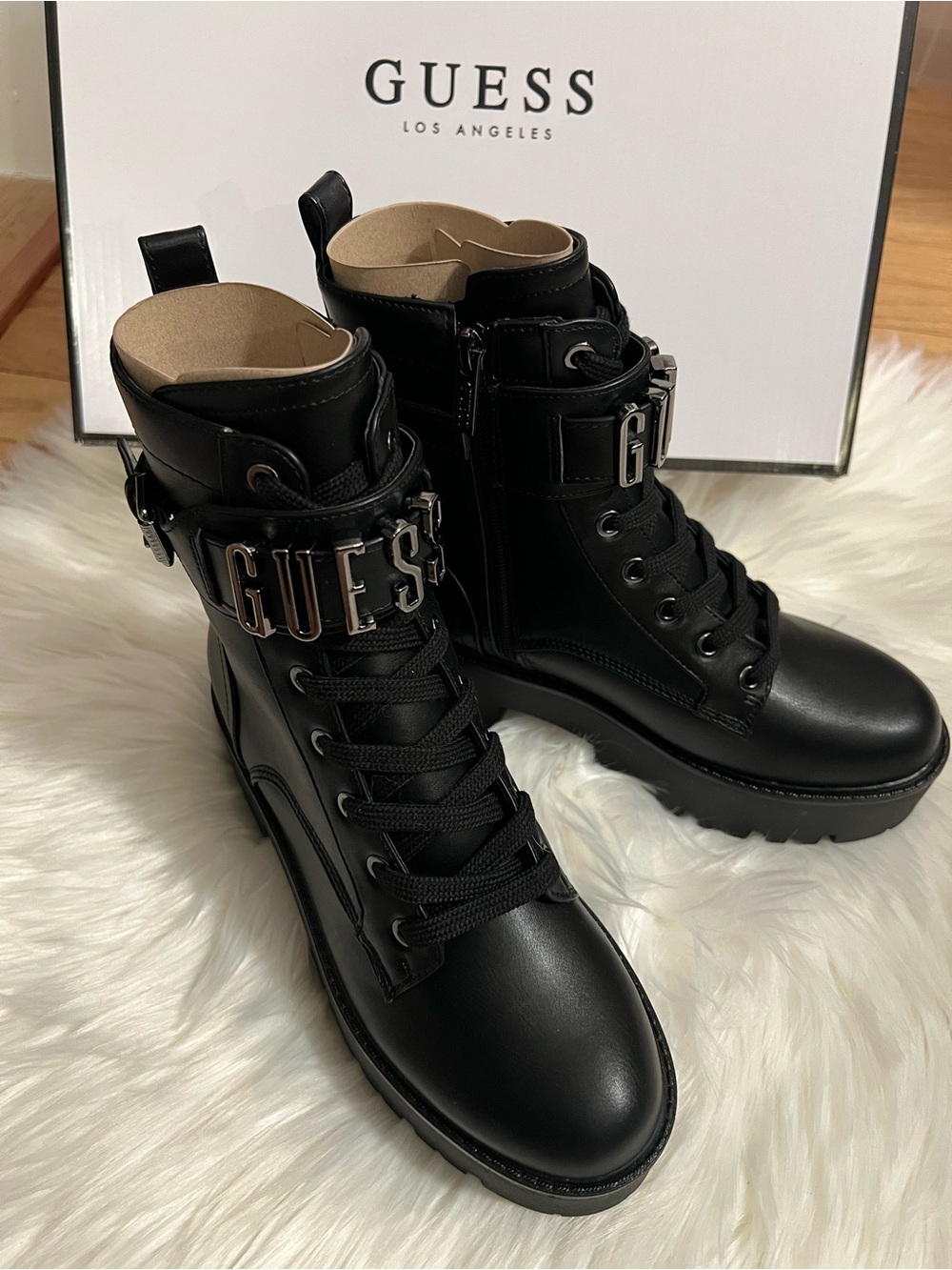 GUESS Black Lace-Up Platform Combat Boots with Logo Strap